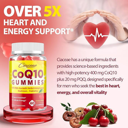 CoQ10 Gummies with PQQ - 400 MG Coenzyme Q10 High Potency, Enhanced with Ayurvedic Herbs, Adaptogenic Mushroom Blend & Probiotics for Heart, Brain, Energy, Immunity, Cherry Flavor, 60 Vegan Gummies