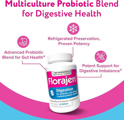 Florajen Digestion Probiotic - Advanced Gut Health Supplement for Constipation & Bloating Relief - 15 Billion Live Cultures - Multi-Strain Formula - Refrigerated for Potency & Freshness - 90 Capsules