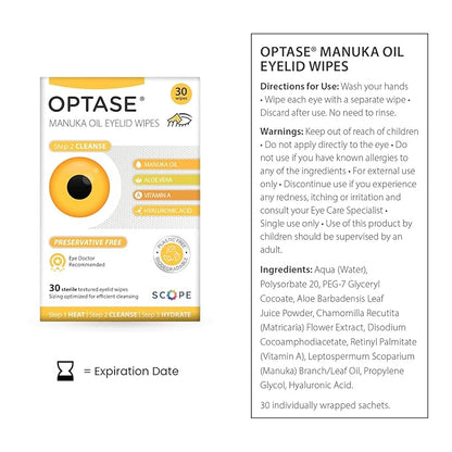 OPTASE Manuka Oil Eyelid Wipes, 30 Count – Eyelid Cleansing Wipes with Natural Manuka Oil – Preservative-Free Formula for Daily Hygiene and Eye Lid Comfort - Doctor Recommended Eye Lid Cleaning