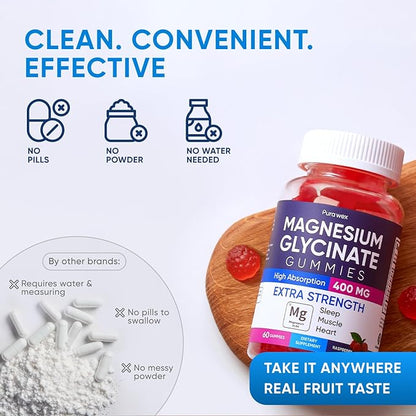 Magnesium Glycinate Gummies 400mg, High Absorption Magnesium Supplement for Women, Men and Kids, Muscle Support and Relaxation, Sugar Free, Vegan, 60 Days Supply