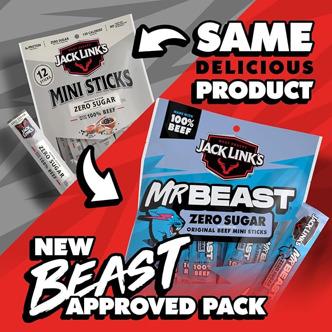 Jack Link’s x MrBeast Beef Sticks, Zero Sugar Mini Beef Sticks, As Seen on Beast Games, 6g Protein, Made with 100% Real Beef, Pantry-Ready Snacks, 12 Count