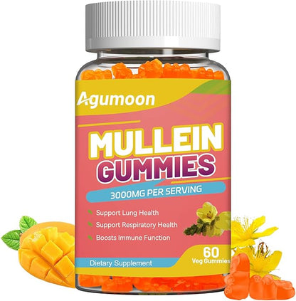 3000MG Mullein Gummies, Extra Strength Mullein Leaf Extract with Quercetin, Bromelain for Lung Detox & Immune Support, Mango Flavor, 60 Count