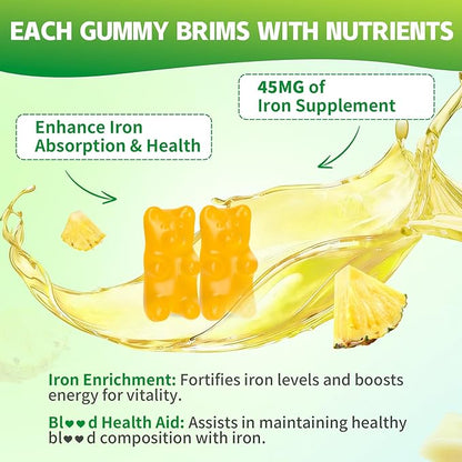 Iron Gummies for Women & Men, Iron Supplement Plus Calcium, Zinc, Folate & Vitamin B12, C, B6 - Energy Support, Immune Health, Pineapple Flavor, 60 Count