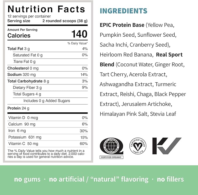 Sprout Living, Epic Protein, Plant Based Protein & Superfoods Powder, Real Sport | 24 Grams Organic Protein Powder, Recovery, Vegan, Non Dairy, Non-GMO, Gluten Free, Low Sugar (1 Pound, 12 Servings)