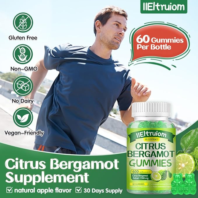 Citrus Bergamot 1500mg, Citrus Bergamot Gummies for Healthy Cholesterol, Bergamot Supplements 25:1 Extract from Italy Bergamot, Resveratrol & Niacin - Natural Vegan 60 Gummies