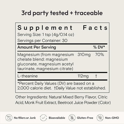 Moon Juice Magnesi-Om Magnesium Powder Supplement - Chelated Magnesium Complex + L-Theanine Blend for Rest, Relaxation & Regularity - Vegan, Non-GMO & No Sugar, Berry, 4.2 oz, 30 Servings