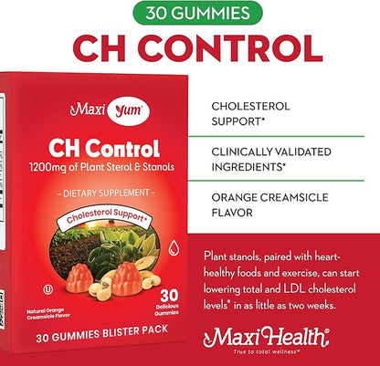 Maxi Health Cholesterol Gummies for Adults – 1200mg Plant Sterols and Stanols Supplements – Kosher and Gluten Free Healthy Cholesterol Supplements – Orange Flavor Gummies (30 Count)