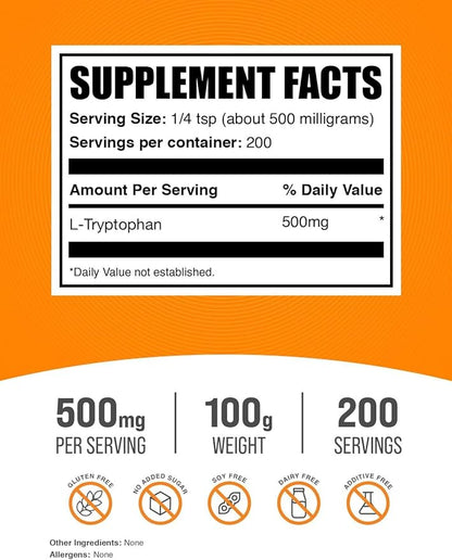 BulkSupplements.com L-Tryptophan Powder - Tryptophan Supplement, Amino Acid Supplement - Gluten Free, 500mg per Serving, 100g (3.5 oz) (Pack of 1)