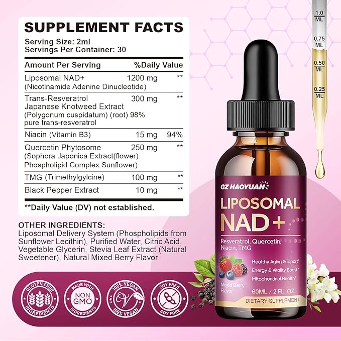 Liposomal NAD Supplement - 1200mg NAD+ Liquid Drops for Women & Men with Nicotinamide, Resveratrol, Quercetin, TMG, Black Pepper Extract - Brain & Cellular Mitochondrial Health, Anti-Aging, Longevity