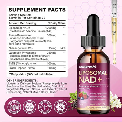 Liposomal NAD Supplement - 1200mg NAD+ Liquid Drops for Women with Nicotinamide, Resveratrol, Quercetin, TMG, Black Pepper Extract - Brain & Cellular Mitochondrial Health,Anti-Aging,Longevity，4 Fl Oz