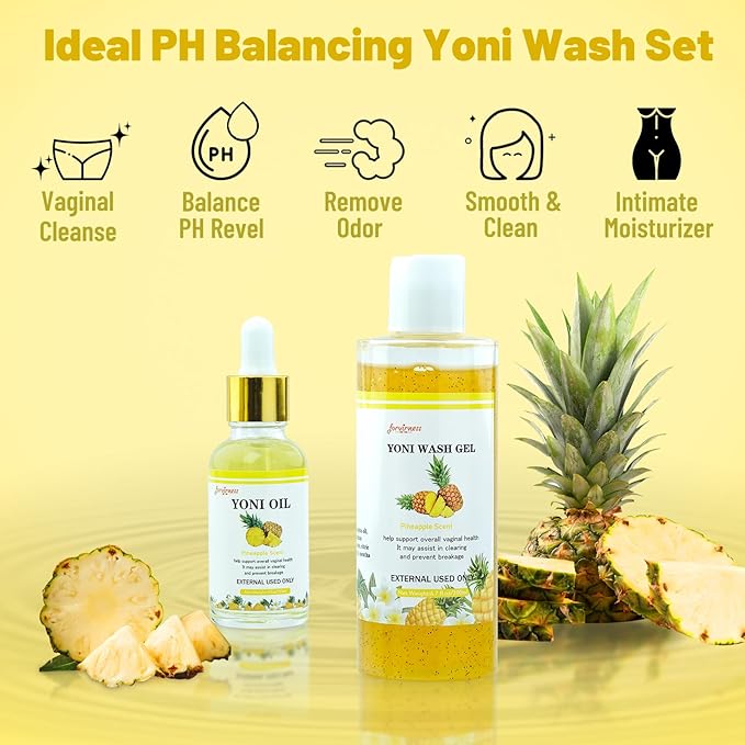 Natural Yoni Wash Yoni Oil Set, Feminine Wash for Women ph Balance, 1 fl.oz Feminine Oil & 6.7 fl.oz Intimate Wash - Pineapple Scent