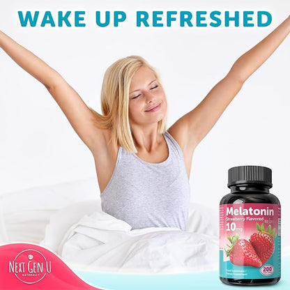 Melatonin Tablets - 10 mg Dietary Supplement - Strawberry Flavored - 200 Vegan Tablets - by NextGenU