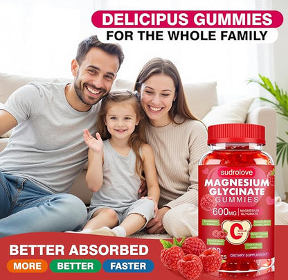 Magnesium Glycinate Gummies 600mg – Sugar Free Magnesium & Potassium Dietary Supplement with Vitamin D, B6 and CoQ10 for Calm Support & Sleep for Adults - High Absorption - Raspberry Gummies