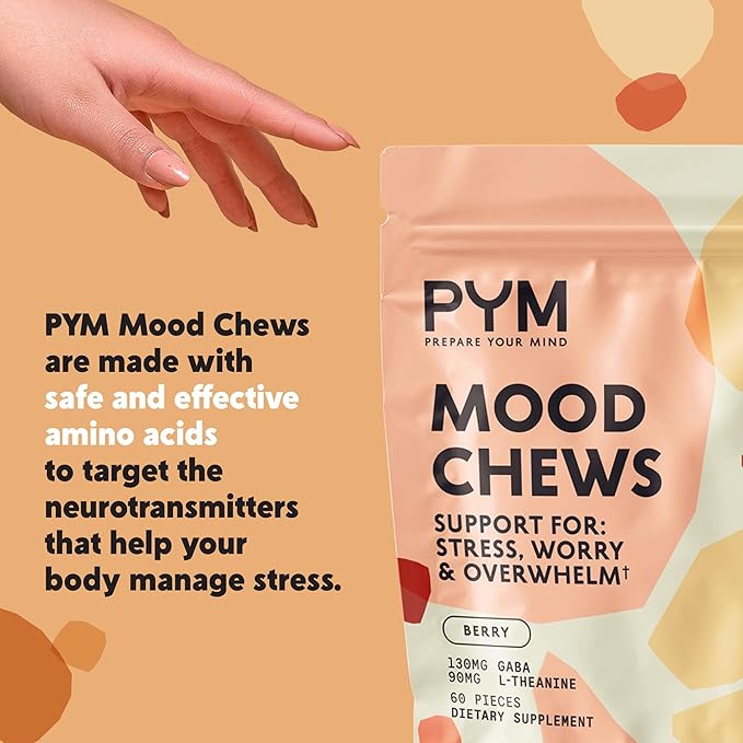 PYM Berry Mood Chews Support for Stress, Worry & Overwhelm, 60 Count | 130mg GABA, 90mg L-Theanine | Vegan,Non-GMO, Gluten-Free,No Added Sugar | All-Natural Mood Balance Supplement in Resealable Bag