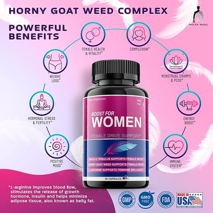 Libido Booster for Women Fast Acting with Horny Goat Weed - Female Desire Pills with Maca Root, Tribulus Terrestris, Ginseng and Hornygoatweed Women - Hormone Balance, Made in USA (60 ct)