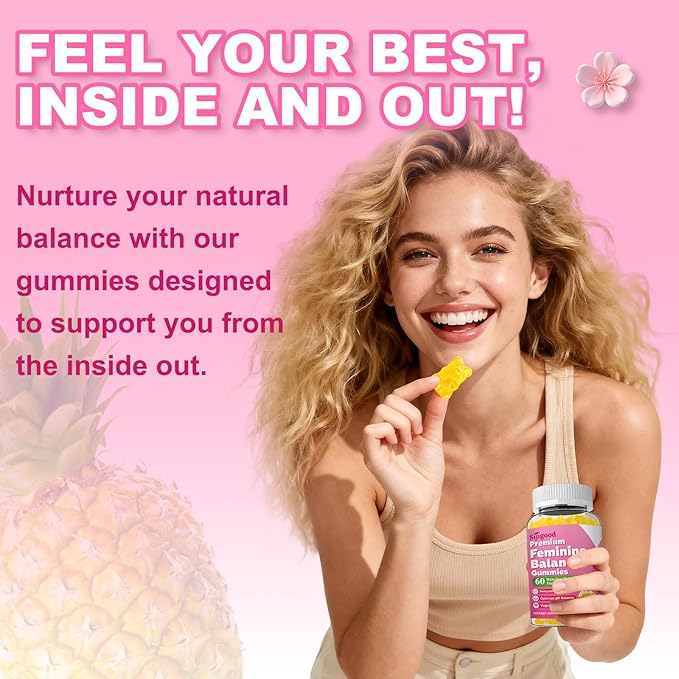Feminine Balance Gummies for Women, Premium PH Balance Supplement with Vitamin C & D for Women's Vaginal Health & Immune Support, Vegan, Pineapple Flavor, 120 Count