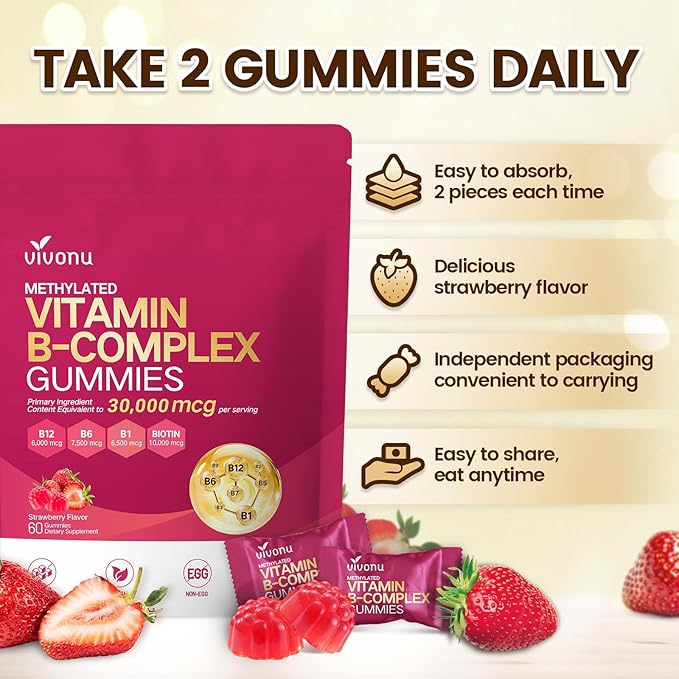 Vitamin B Complex Gummies, 6000 mcg Methylated Vitamin B12, with B6 B1, B2, B3, B5, B7, Methylfolate, Vitamins A C D E, Vegan, Non GMO, Methylated B Complex Vitamin - 60 Gummies