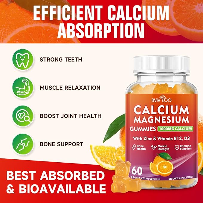 2 Pack Calcium Gummies 1000mg with Vitamin D3 K2 & B Complex, Potassium, Calcium Magnesium Zinc Gummies for Bone, Muscle, Mood and Immunity - Orange Flavor 120 Gummies