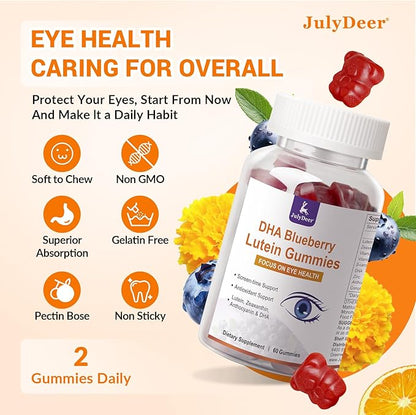 JulyDeer 2 Packs Lutein and Zeaxanthin Gummies Supplements Support Eye Health, 9 in 1 with 8mg Lutein & 1.6mg Zeaxanthin, Eye Support | Non-GMO, Vegan | Sweet Orange Flavor | 120 Gummies