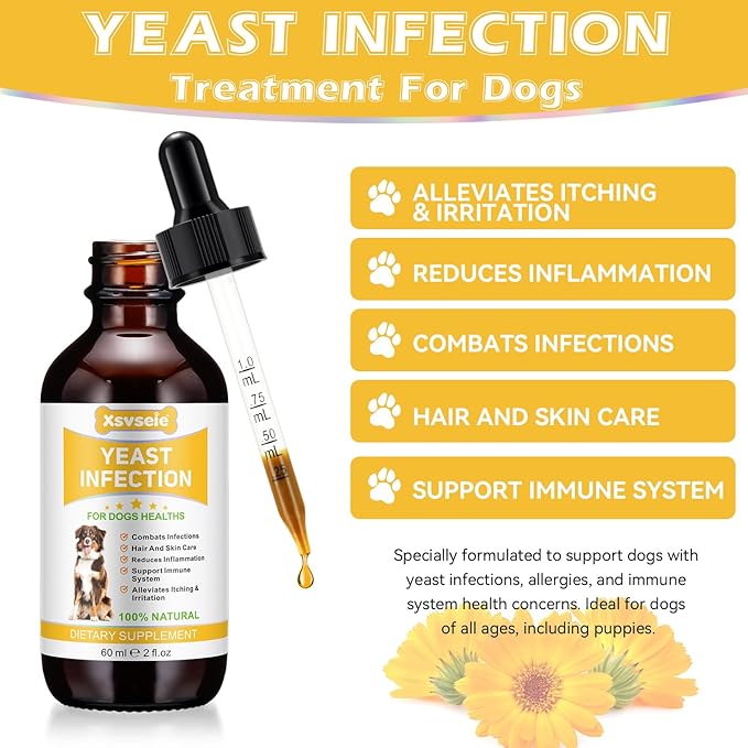 Yeast Infection Treatment for Dogs - Natural Dog Ear Infection Drops for Itch & Allergy Relief, Soothes Skin Inflammation, Dog Yeast Infection Treatment for All Breeds & Sizes, 2 fl oz