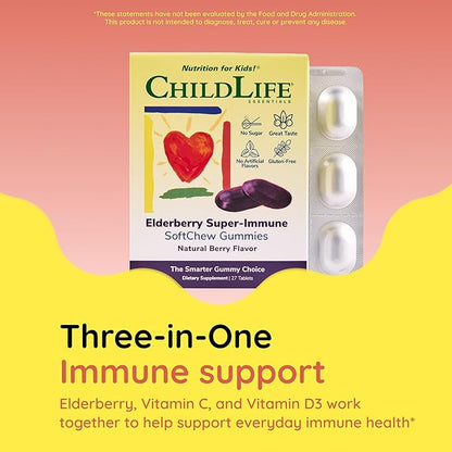 CHILDLIFE ESSENTIALS Elderberry Super-Immune SoftChew Gummies for Kids - Immune Support with Vitamin C & Vitamin D3, Elderberry Immune Supplement for Babies, Toddlers & Children - Berry, 27 Softchews