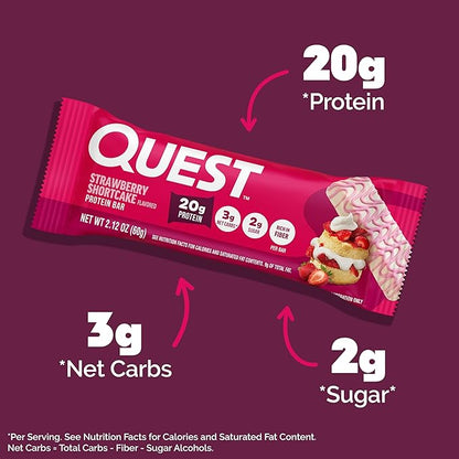 Quest Nutrition Protein Bars, Strawberry Shortcake, 20g Protein, 2g Sugar, 3g Net Carbs, 10g Fiber, Gluten Free, 12 Count