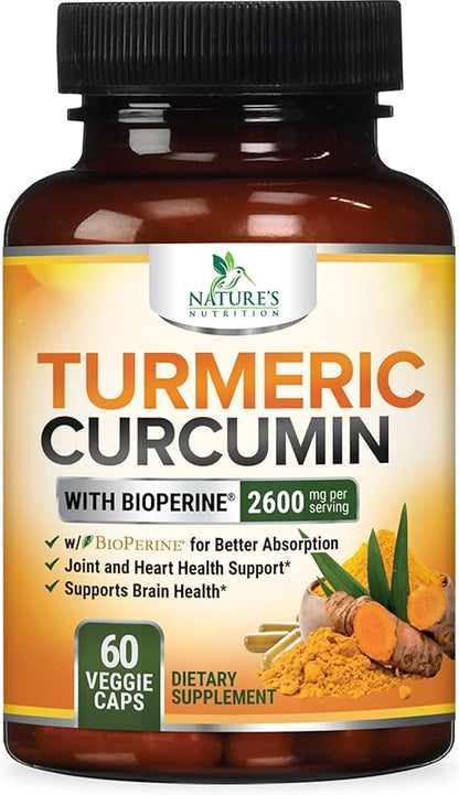 Turmeric Curcumin Supplement - 2400mg Organic Turmeric Per Serving - 95% Curcuminoids & BioPerine Black Pepper Extract for Best Absorption - Natural Vegan Joint Support - Bottled in USA - 60 Capsules