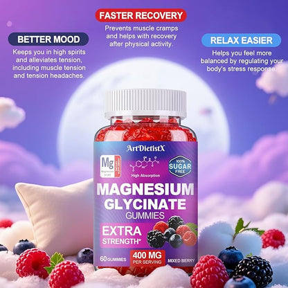 Magnesium Glycinate Gummies 400mg, Sugar Free Mаgnеsium Gummiеs for Adults with Magnesium Malate, Zinc, and Vitamin B6 for Sleep, Body Support and Relaxation, Non GMO, 120 Count-Multi-Flavor