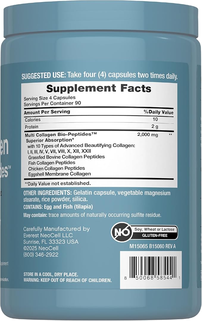 NeoCell Multi Collagen Peptides Capsules | 360 Pills | 10 Types of Advanced Bio-Peptides | Superior Absorption | Grass Fed Complex Supplement | for Women and Men