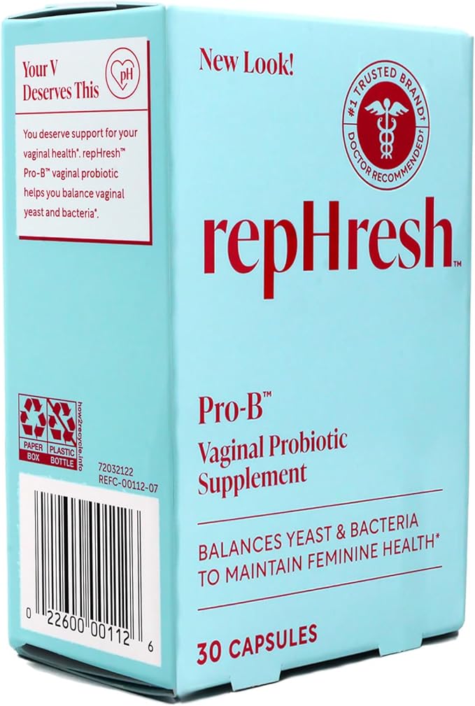 RepHresh Pro-B Vaginal Probiotic Supplement, Balances Yeast and Bacteria, Supports pH Balance, 30 Capsules