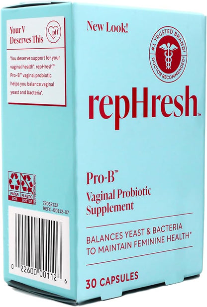 RepHresh Pro-B Vaginal Probiotic Supplement, Balances Yeast and Bacteria, Supports pH Balance, 30 Capsules