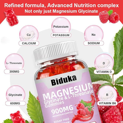 900mg Magnesium Glycinate Gummies, 65 Count, Sugar Free Magnesium Complex with L-Threonate, Potassium, Vitamin D, B6, CoQ10 Supplement for Relaxation, Raspberry Flavor