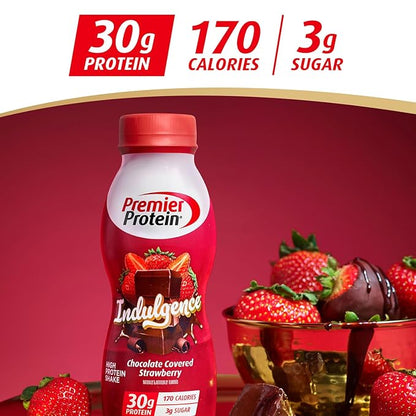 Premier Protein Shake INDULGENCE,Chocolate Covered Strawberry,30g Protein,170 Calories,3g Sugar,11.5 fl oz (Packaging May Vary),(Pack of 24)