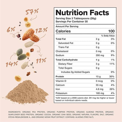 Complement Organic Chocolate Vegan Protein Powder (30 Servings) Low Carb, Low Calorie, Sugar Free, Soy Free, Non-GMO, Non Dairy - Yellow Pea, Pumpkin Seed - 15g Plant Based Protein Powder