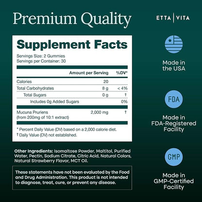Dopamine Supplement - Sugar-Free Mucuna Pruriens Gummies (2g/serving) Energy & Focus Gummies - Potent Mucuna Pruriens Extract Supplement for Calm Mood and Motivation, Vegan, Non-GMO, Gluten-Free, 60ct