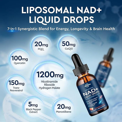 Liposomal NAD+ Liquid Supplement, Nad Resveratrol Supplement for Women & Men, Nicotinamide Riboside with PQQ, CoQ10, Quercetin for Anti-Aging, Brain, Cellular Energy Health, Strawberry Flavor, 2 Fl Oz