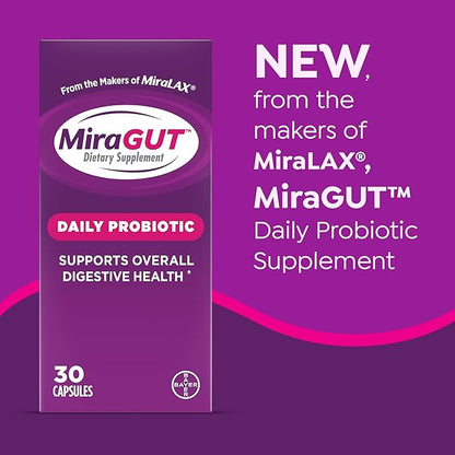 from The Makers of MiraLAX, MiraGUT Daily Probiotic, Probiotics for Digestive Health, Gluten-Free Supplement, Probiotic for Women and Men, Support Overall Digestive Health, 30 Ct