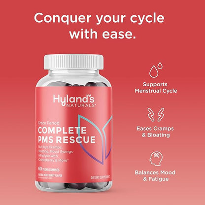 Hyland's Grace Period Complete PMS Rescue, 60 Vegan Gummies with Chasteberry and Dong Quai for Menstrual Support and B6 and B12 for Red Blood Cell Formation