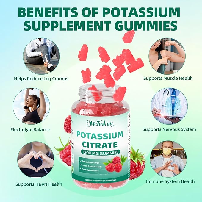 Potassium Citrate Supplement Gummies, Potassium Supplements for Women & Men, Helps Maintain Muscle Wellness & Electrolyte Balance, Vegan, Raspberry Flavor, 120 Count Potassium Gummies