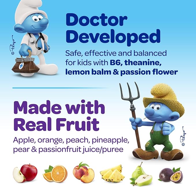 Smurfs Kids Calm Gummies | Calming Gummies for Kids with Lemon Balm & L Theanine | Made with Real Fruit | Doctor Developed | Gelatin Free Non-GMO No Artificial Flavors or Colors | 40 Servings