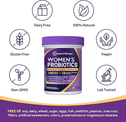 Doctor's Recipes Probiotics for Women, 100 Billion CFU, 18 Probiotic Strains, Prebiotics, Cranberry, P-5-P & VC, Vaginal, Digestive & Immune Support, Shelf-Stable, 30 Vegan Caps