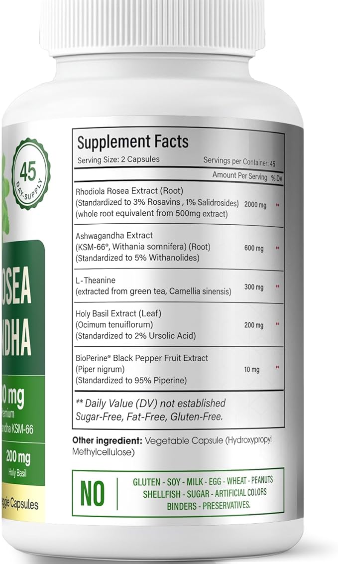 FloraBliss Rhodiola Rosea with Ashwagandha KSM-66, L-Theanine, Holy Basil & Black Pepper - 90 High Potency Vegan Capsules - 45-Day Supply