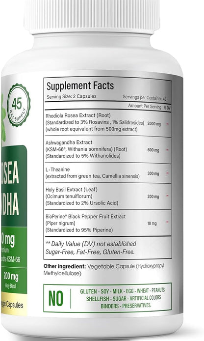 FloraBliss Rhodiola Rosea with Ashwagandha KSM-66, L-Theanine, Holy Basil & Black Pepper - 90 High Potency Vegan Capsules - 45-Day Supply
