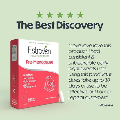 Estroven Pre-Menopause Relief, 30 Ct., Clinically Proven Ingredients, Provides Menopause Relief plus Night Sweats & Hot Flash Relief, Drug-Free or Estrogen Free