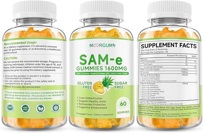 SAM-e L-Tyrosine Gummies with NAC, CoQ10 & Vitamin B Complex, 1600mg SAM-e, 1500mg L-Tyrosine Supplement for Energy, Cellular Antioxidant Support, Emotional Well-Being Support, 120 Count