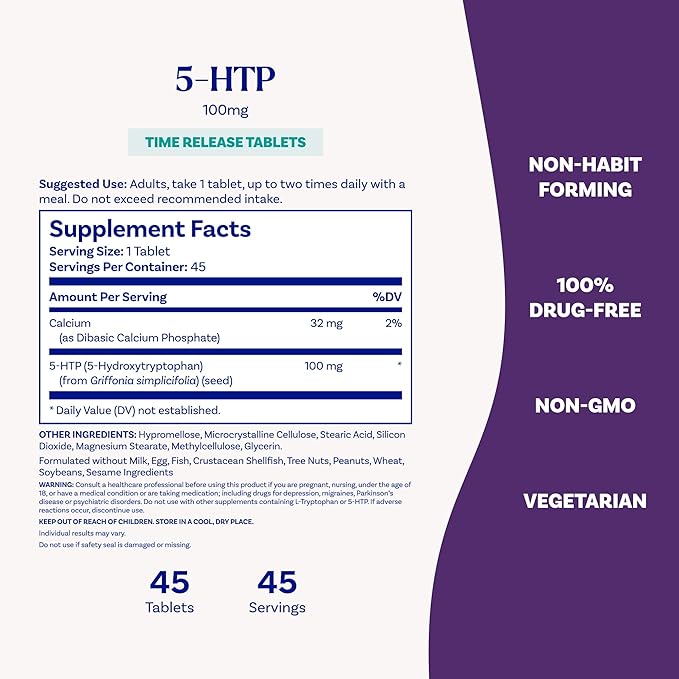 Natrol 5-HTP 100mg, Dietary Supplement Helps Support a Balanced Mood, 90 Time Release Tablets, 22-45 Day Supply