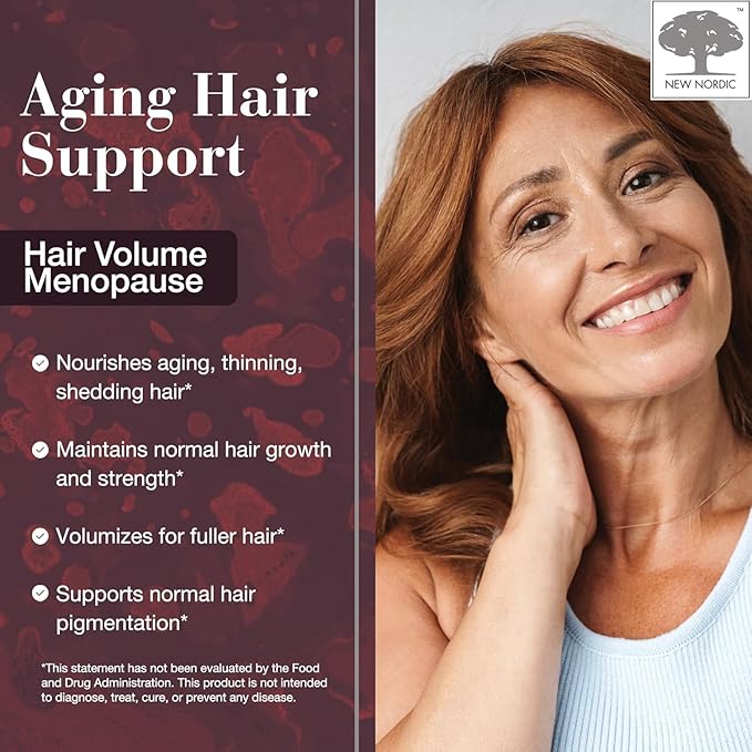New Nordic Hair Volume Menopause, Supports Healthy Hair Growth During and After Menopause, Pine Bark and Annurca Apple Extract, 30 Tablets