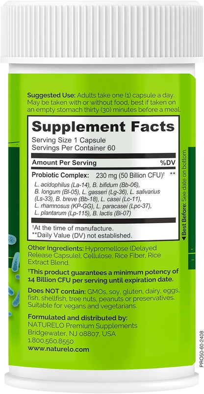 NATURELO Probiotics for Digestive Health - 50 Billion CFU, 11 Strains, Daily Use Supplement - Boosts Immune System, Delayed Release, No-Fridge, 60 Vegetarian Capsules (Pack of 2)