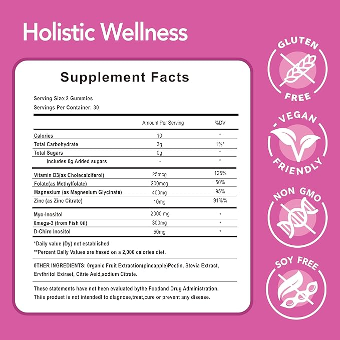 Myo-Inositol & D-Chiro Inositol Multivitamin Gummies, 40:1 Ratio, Magnesium Glycinate 400mg, Omega-3 &Folate, PCOS Vitamins for Women Hormone Balance, Menstrual Cycle and Fertility Support