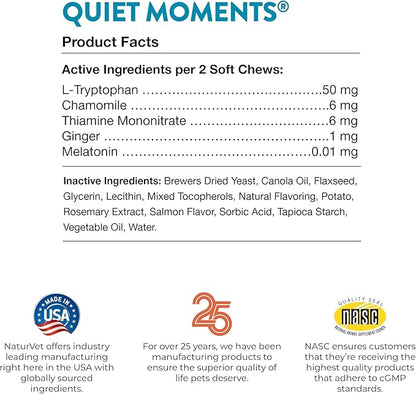 NaturVet Quiet Moments Calming Aid Cat Supplement Plus Melatonin – Helps Reduce Stress in Cats – for Pet Storm Anxiety, Motion Sickness, Grooming, Separation, Travel – 50 Ct. Soft Chews